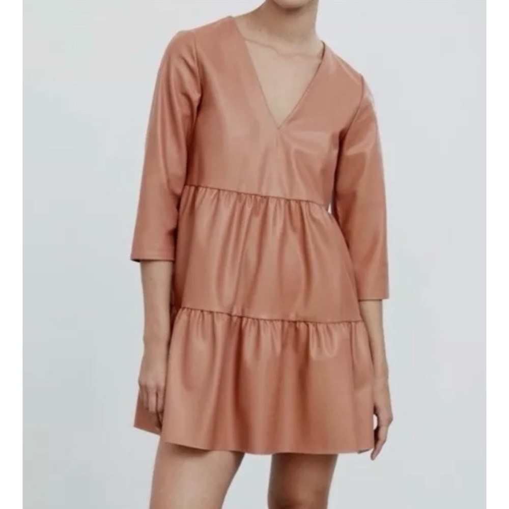 Zara faux leather tiered mini dress boho half sleeve festival S V-neck nude tan
